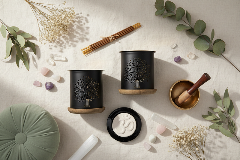 olieverdampers met Bloem des Levens en Boom des Levens, keramische aromastenen met lotus en ohm-teken, wierookstokjes, kristallen en een klankschaal op een zachte linnen ondergrond.