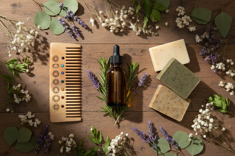 natuurlijke haarverzorgingsproducten — haarolie, een houten kam en natuurlijke zeep omringd door botanische elementen op een warme houten ondergrond.