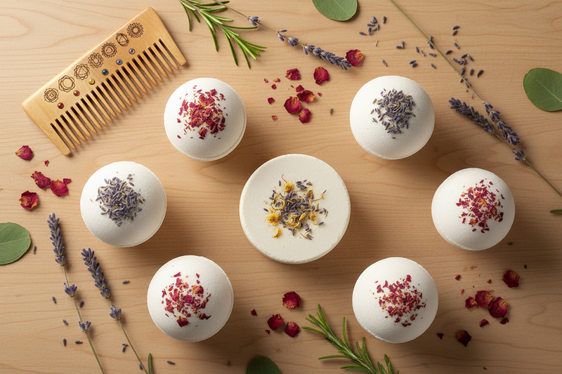 handgemaakte bodylotion bar, lavendel- en rozenblaadjes bruisballen, omringd door gedroogde lavendel en rozenblaadjes