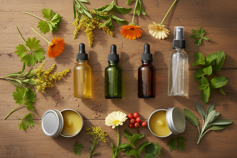 amberflesjes met tincturen, kruidenzalven en een aura reinigingsspray, omringd door verse en gedroogde kruiden en botanische elementen