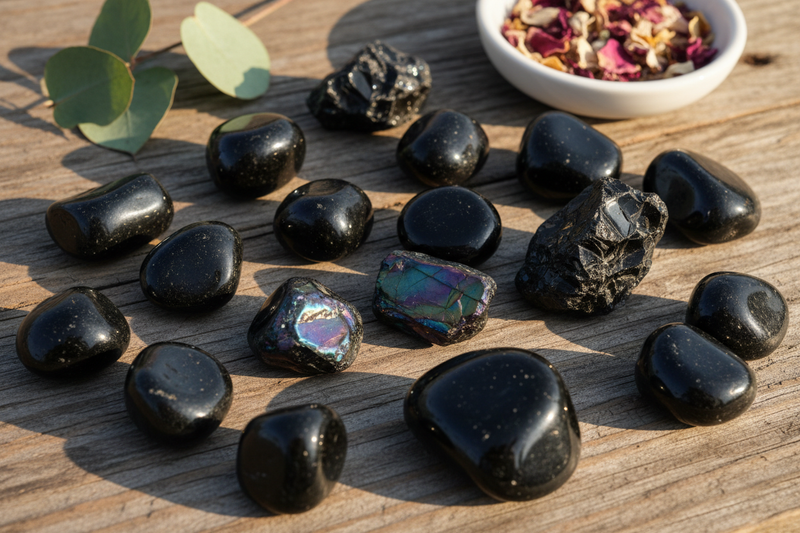 diep glanzend zwart obsidiaan met hun kenmerkende glasachtige vulkanische oppervlak, inclusief regenboog obsidiaan met iriserend paars en groen, op de rustieke houten ondergrond