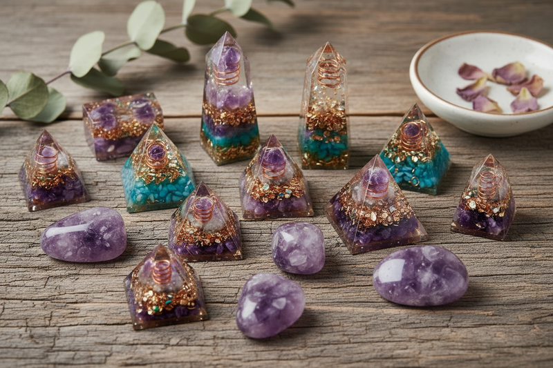 handgemaakte orgoniet piramides, torens en palm stones in hars met ingebedde kristallen, koperen spiralen en metaalvlokken, met mooie gelaagde patronen, op de rustieke houten ondergrond 