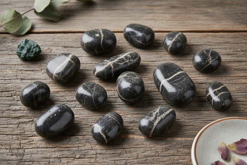 donkere zwart-grijze orthoceras fossielen met de kenmerkende langwerpige kegelvormige schaaltjes en zichtbare kamerscheidingen, zowel gepolijste platen als losse fossielen, op de rustieke houten ondergrond