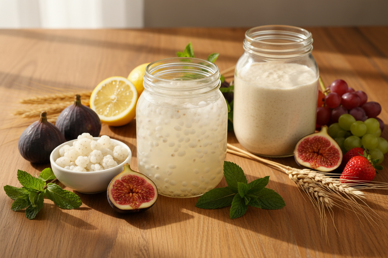 glazen potten met waterkefirkorrels en zuurdesemstarter, omringd door vers fruit, tarwehalmen en groene bladeren op een warme houten ondergrond.