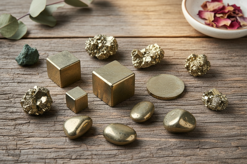 gouden pyriet kubussen met hun kenmerkende metaalglanzende spiegelachtige glans, ruwe clusters met perfecte kubische formaties en pyriet zonneschijven, op de rustieke houten ondergrond