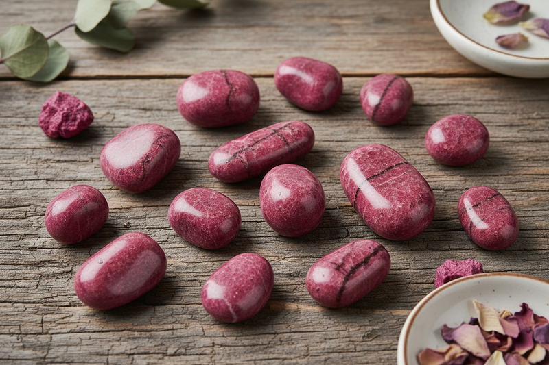 diep roosroze en frambozenrode rhodoniet stenen met de kenmerkende zwarte mangaanoxide aders door het roze oppervlak, zowel ruw als gepolijst, op de rustieke houten ondergrond