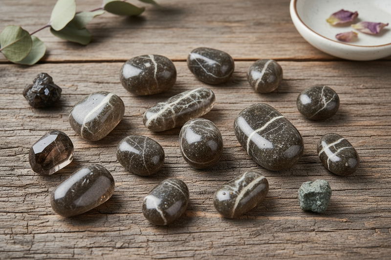 De afbeelding laadt zo — doorschijnende donkergrijze en warmbruine rookkwarts kristalpunten met hun kenmerkende rokerige transparantie, zowel ruwe zeszijdige punten en clusters als gepolijste stenen, op de rustieke houten ondergrond