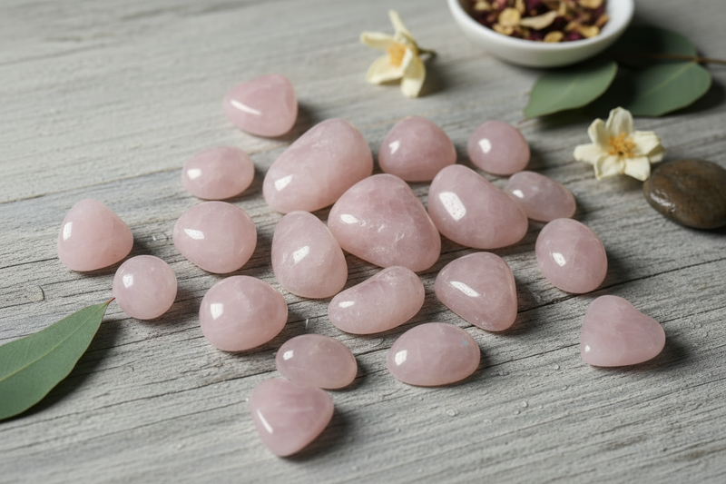 zachte delicate roze rozenkwarts in gepolijste stenen, harten en bollen naast ruwe stukken met hun kenmerkende melkachtige doorschijnende roze tint, op de rustieke houten ondergrond