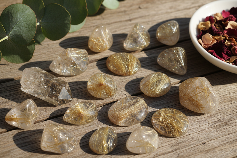 heldere en rokerige kwarts kristallen met prachtige gouden, koperen en zilveren rutielnaald insluitsels die in alle richtingen door het kristal lopen, op de rustieke houten ondergrond