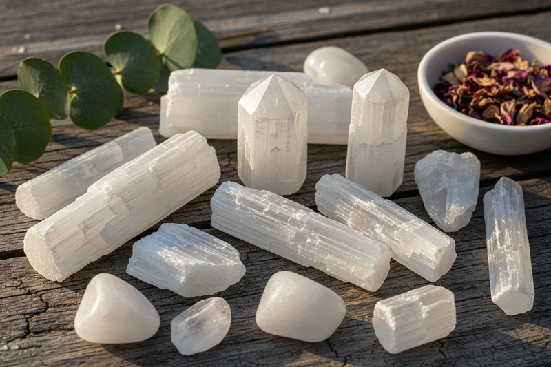 parelwitte en doorschijnende seleniet wanden en staven met hun kenmerkende zijdeachtige vezelige striaties, gepolijste torens en ruwe stukken, op de rustieke houten ondergrond