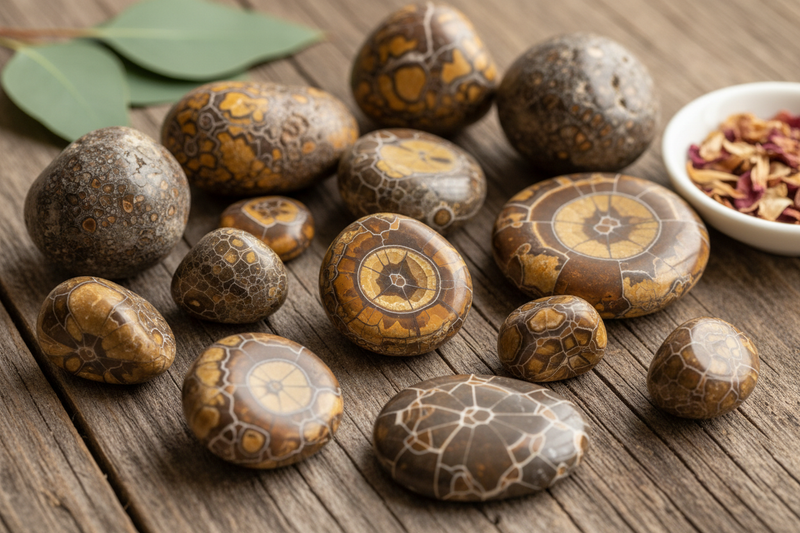 septarie stenen met hun karakteristieke gebarsten patroon gevuld met goudgele calciet en bruine aragoniet, grijsbruine buitenkant, en gepolijste doorsnedes die de prachtige geometrische patronen tonen, op de rustieke houten ondergrond