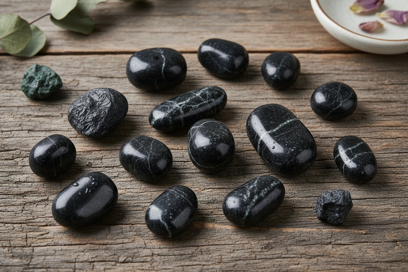 diep matte zwarte shungiet stenen, ruwe brokken met hun kenmerkende koolstofrijke oppervlak, gepolijste bollen en piramides naast ruwe stukken, op de rustieke houten ondergrond