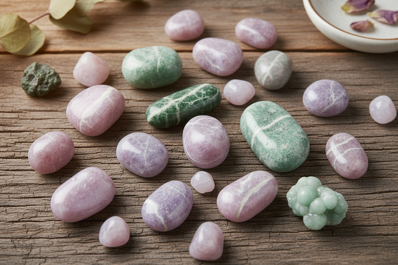 zachte pastelroze, mintgroene en lavendel smithsoniet stenen met hun kenmerkende druivige, bolvormige textuur, verspreid op de rustieke houten ondergrond