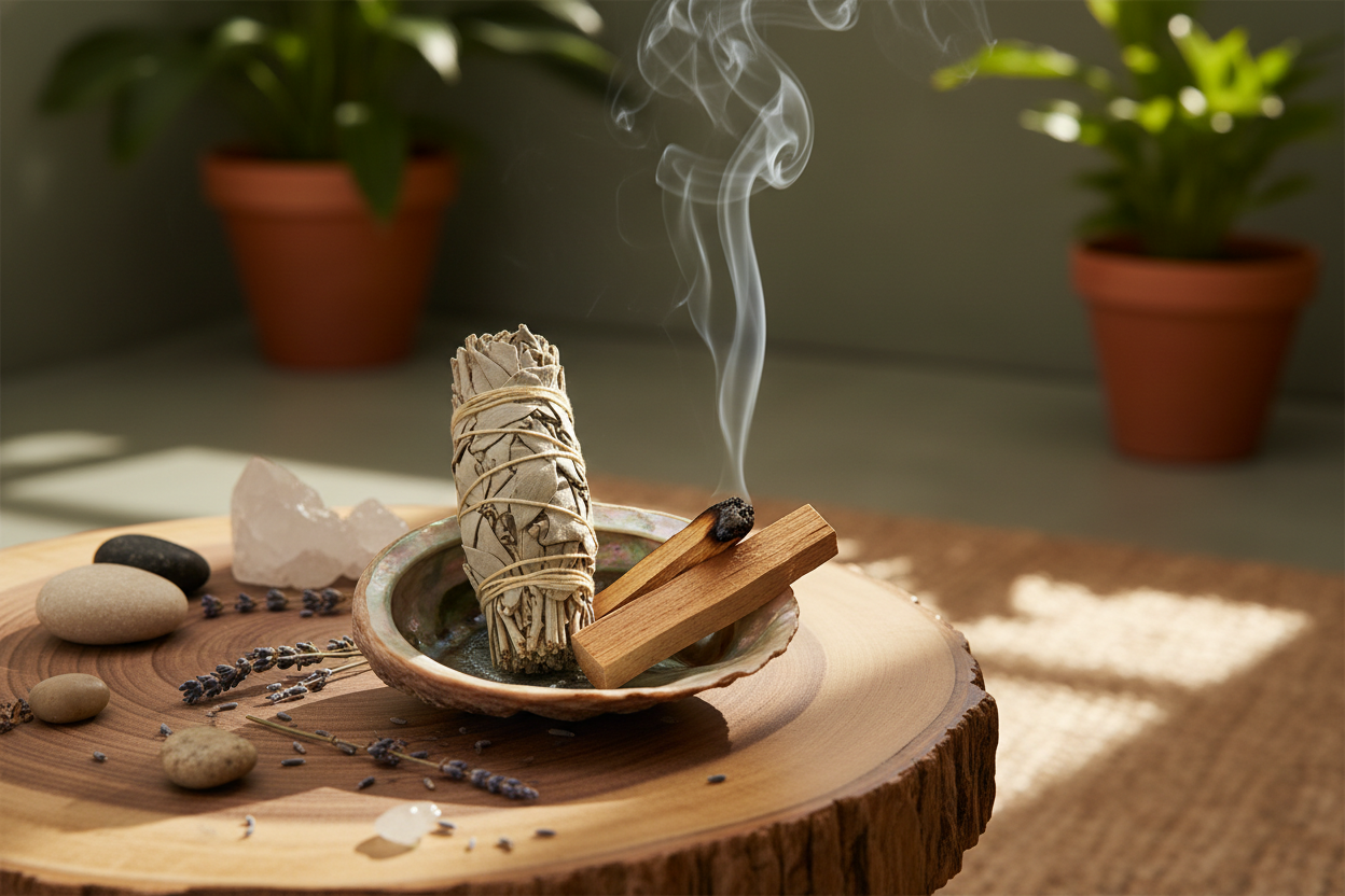 Smudging ritueel set met witte salie palo santo abalone schelp houten veer waaier en seleniet voor energetische ruimtereiniging