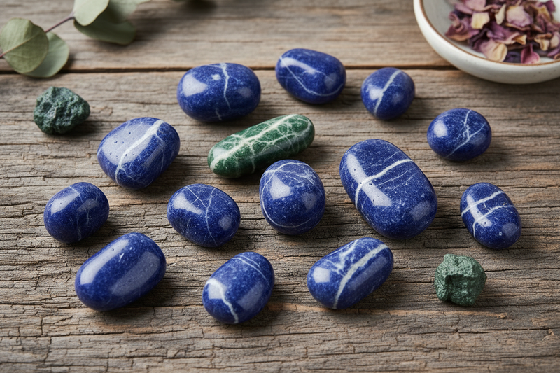 rijke koningsblauw en diepmarineblauwe sodaliet stenen met de kenmerkende witte calciet aders en vlekken, zowel ruw als gepolijst, op de rustieke houten ondergrond