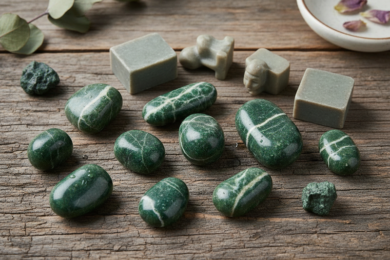 zachte matte grijs, groengrijs en beige speksteen stukken met hun kenmerkende gladde talkachtige oppervlak, zowel ruw als gesneden vormpjes en gepolijste stukken, op de rustieke houten ondergrond