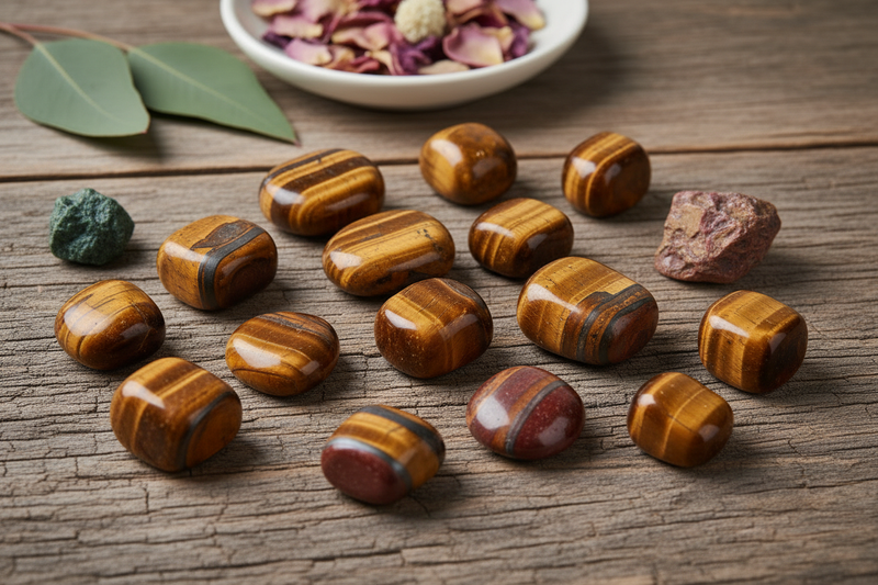 rijke goudbruine en amber tijgeroog stenen met hun prachtige kattenoogglinstering die over het oppervlak beweegt, inclusief rode en blauwe haviksoog variaties, op de rustieke houten ondergrond