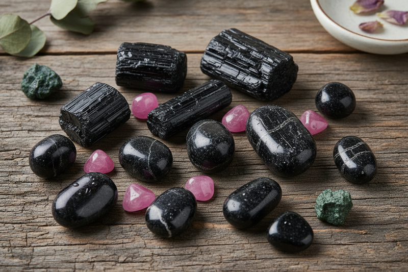 Zwarte toermalijn ruwe stukken en gepolijste stenen verspreid op een rustieke houten ondergrond, met enkele roze en groene toermalijn als accent, eucalyptus bladeren en een wit schaaltje met gedroogde bloemblaadjes.
