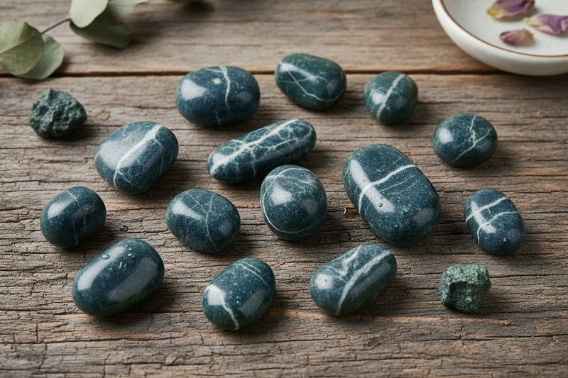 iepblauwe en staalblauwe valkenoog stenen met hun kenmerkende zijdeachtige kattenoogglinstering, de typische blauwe vezelige glans van blauw tijgeroog, op de rustieke houten ondergrond 