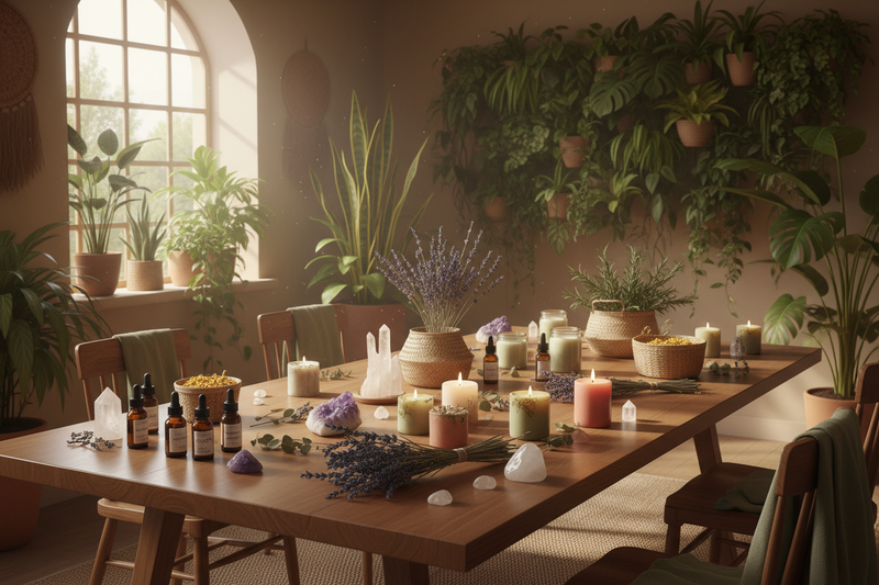 workshopruimte met kristallen, gedroogde kruiden, etherische oliën en handgemaakte kaarsen op een houten tafel 