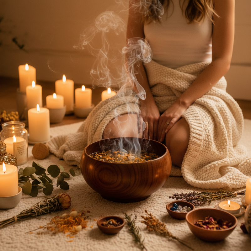 flat lay van gedroogde stoomkruiden (rozenblaadjes, lavendel, bijvoet en calendula) op een houten ondergrond in spa-luxe stijl