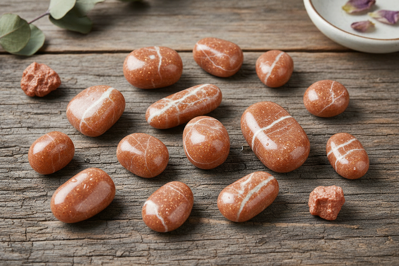 warme goudoranje en perzikkleurige zonnesteen stenen met hun kenmerkende aventuriscentie van glinsterende koperen en rode hematiet plaatjes die een zonnige glinstering geven, op de rustieke houten ondergrond