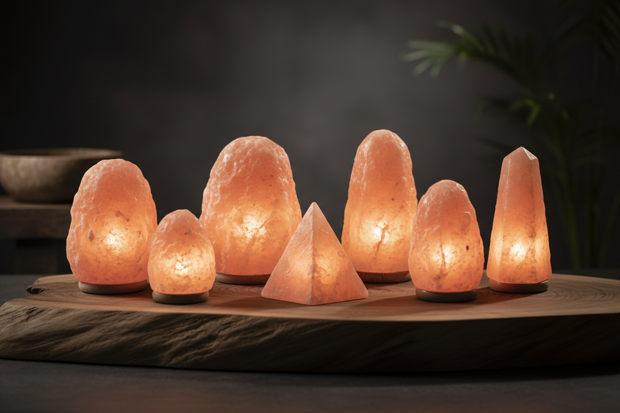 Een sfeervolle foto van meerdere Himalaya zoutlampen in verschillende maten en vormen, gloeiend met warm roze-oranje licht op een houten ondergrond.