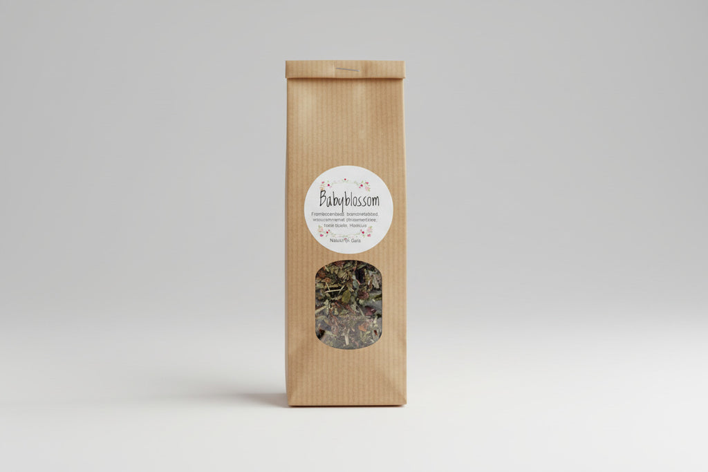 Baby Blossom thee voor zwangere en kraamvrouwen met vrouwenmantel, frambozenblad, brandnetel, citroenmelisse, rozenbottel en hibiscus