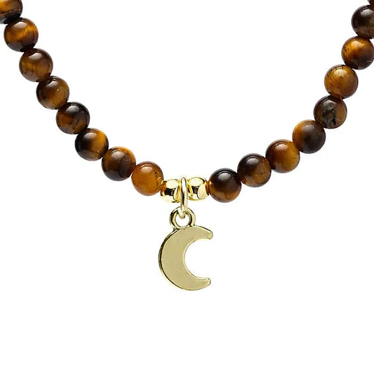 Tijgeroog Halsketting met Gouden Maan Hanger