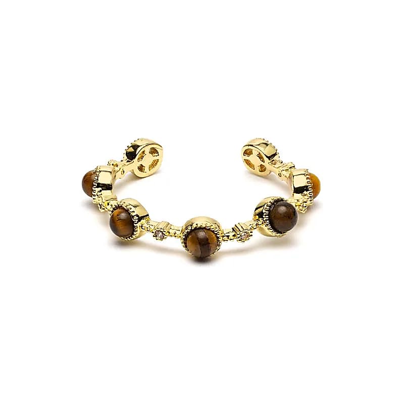 Goudkleurige verstelbare ring met ronde bruine tijgeroog steentjes en open ringband