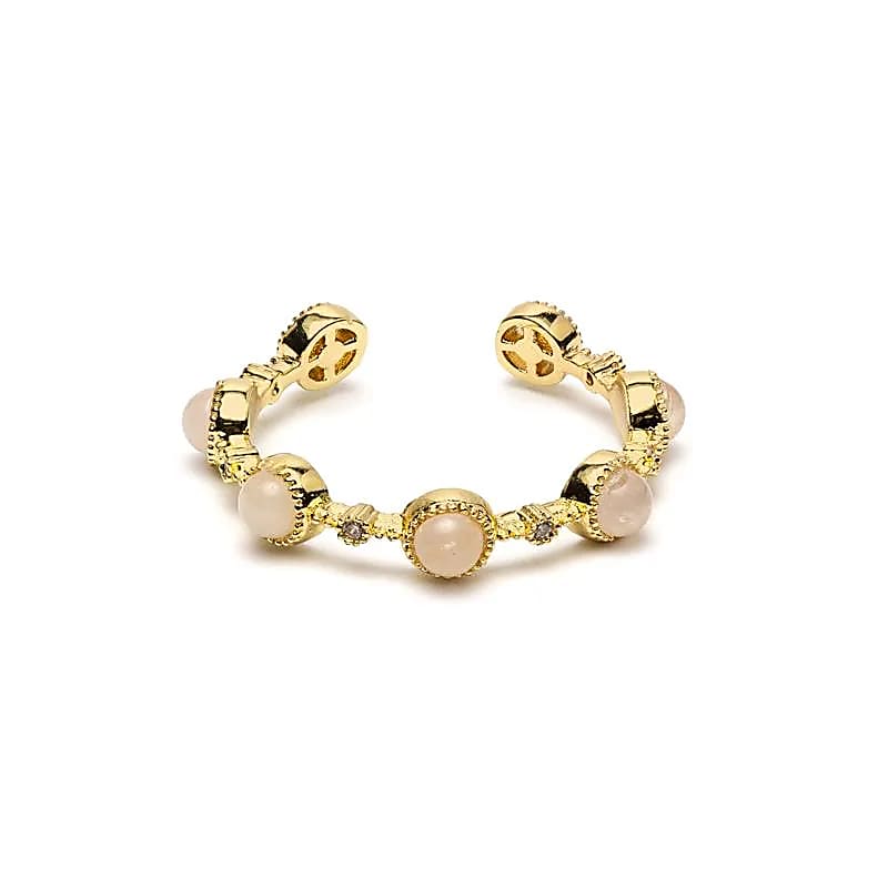 Goudkleurige verstelbare ring met ronde lichtroze rozenkwarts steentjes en open ringband