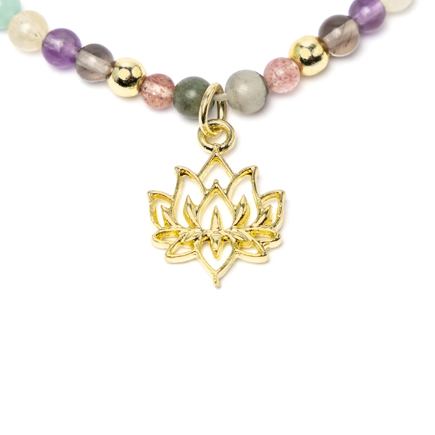 Edelsteen ketting met gouden lotus hanger en meerkleurige edelsteenkralen