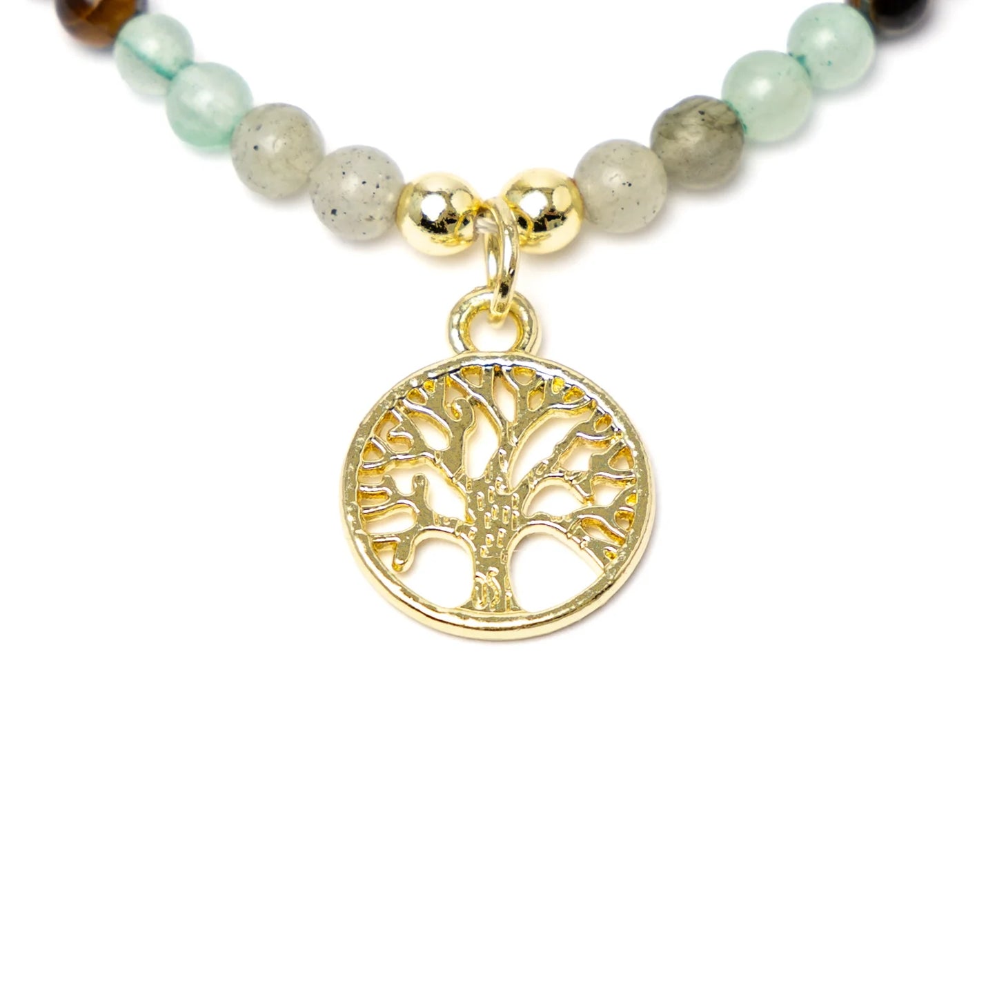 Edelsteen ketting met levensboom hanger, rookobsidiaan, tijgeroog, labradoriet en aventurijn kralen