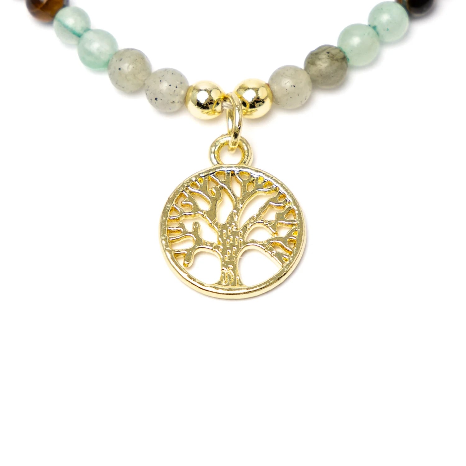 Edelsteen ketting met levensboom hanger, rookobsidiaan, tijgeroog, labradoriet en aventurijn kralen