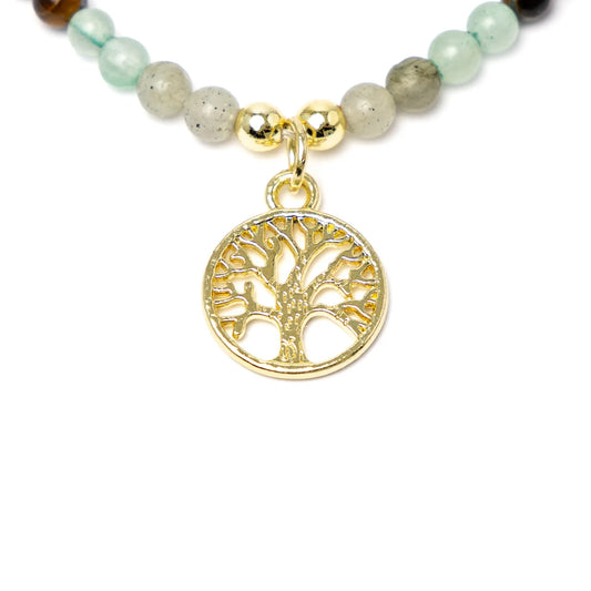 Edelsteen ketting met levensboom hanger, rookobsidiaan, tijgeroog, labradoriet en aventurijn kralen