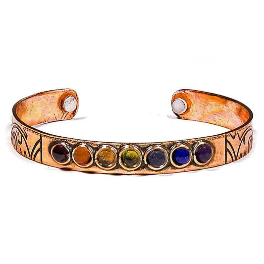Koperen chakra armband met 7 edelstenen en magneten, open manchetvorm