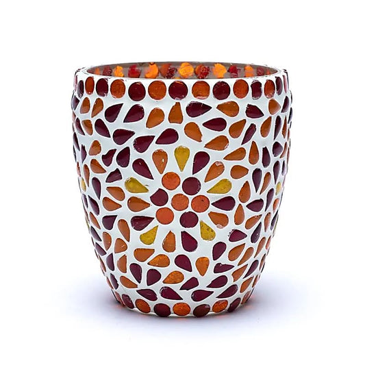 Handgemaakte glas mozaïek kaarshouder in rood/geel, 10 cm