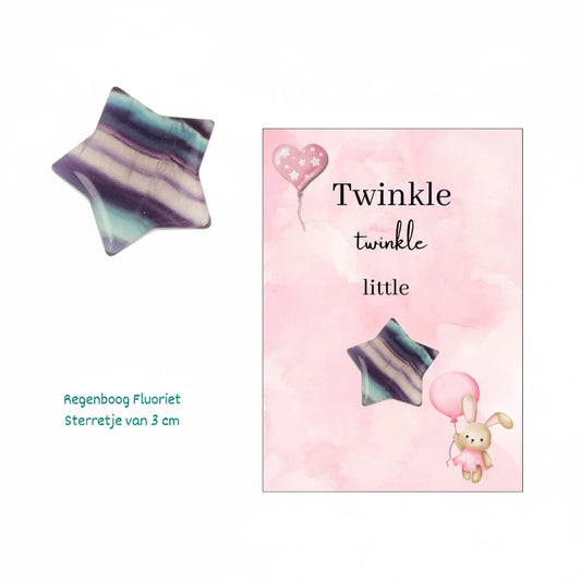 Regenboog fluoriet sterretje 3cm met Twinkle twinkle little star kaartje in cellofaan zakje