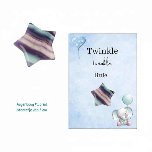 Regenboog fluoriet sterretje 3cm met Twinkle twinkle little star kaartje jongen in cellofaan zakje
