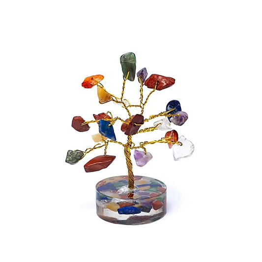 7 chakra edelsteenboompje met gekleurde chakra steentjes