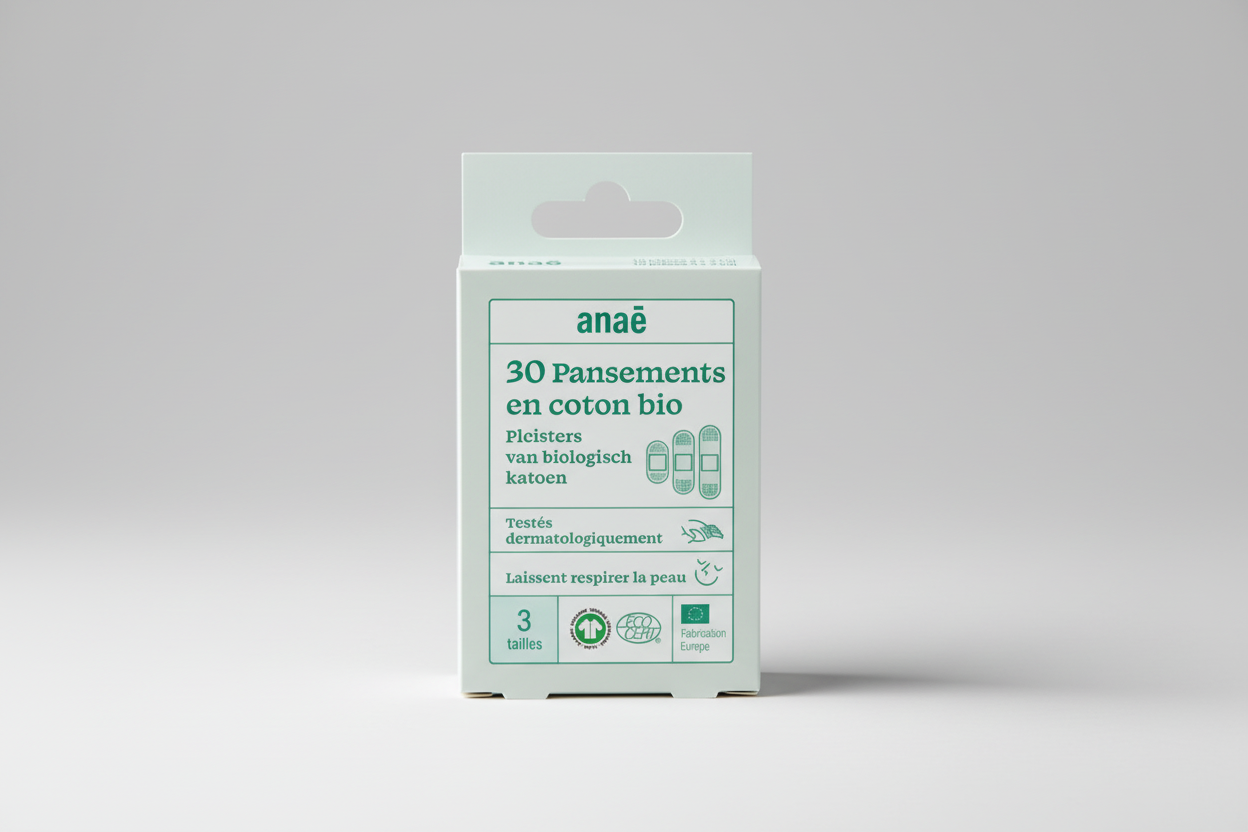 Anaè pleisters van biologisch katoen in 3 maten, GOTS en Ecocert gecertificeerd, dermatologisch getest met recyclebare verpakking 