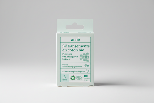 Anaè pleisters van biologisch katoen in 3 maten, GOTS en Ecocert gecertificeerd, dermatologisch getest met recyclebare verpakking 