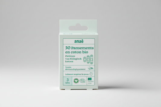 Anaè pleisters van biologisch katoen in 3 maten, GOTS en Ecocert gecertificeerd, dermatologisch getest met recyclebare verpakking 