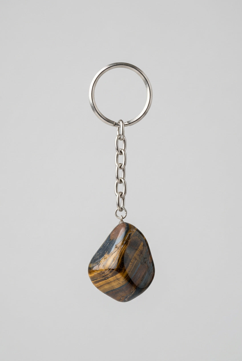 Tijgeroog sleutelhanger met donkere tinten en goudbruine banden, aan een zilverkleurige ketting en sleutelring