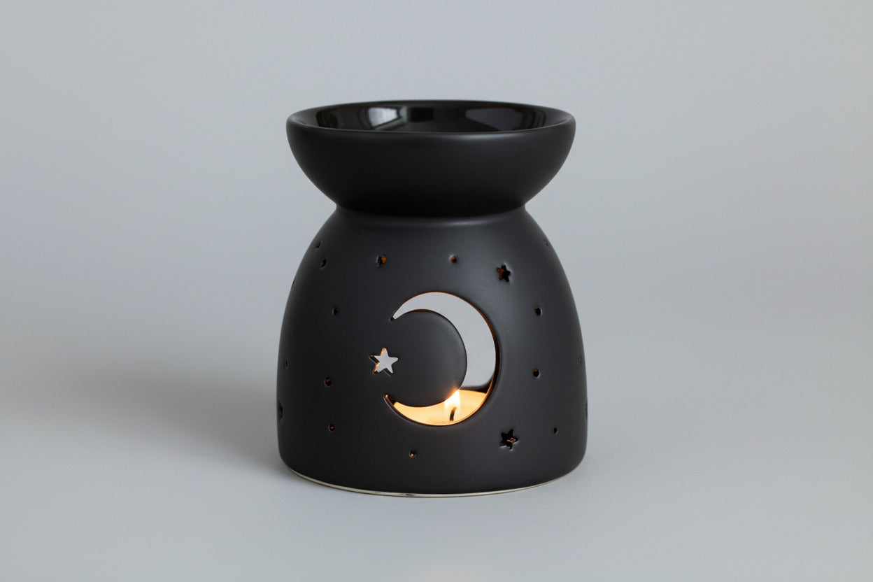 Zwarte Keramische Oliebrander — Maan en Sterren Design
