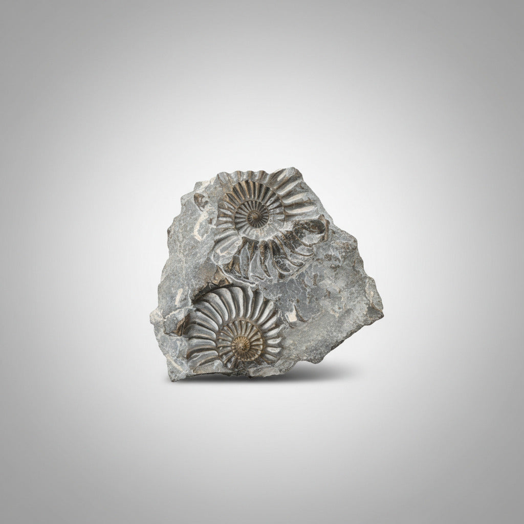 Ammoniet fossiel 138 gram dubbelzijdig met spiraalvorm aan voor- en achterkant, 6 cm, authentiek prehistorisch specimen 