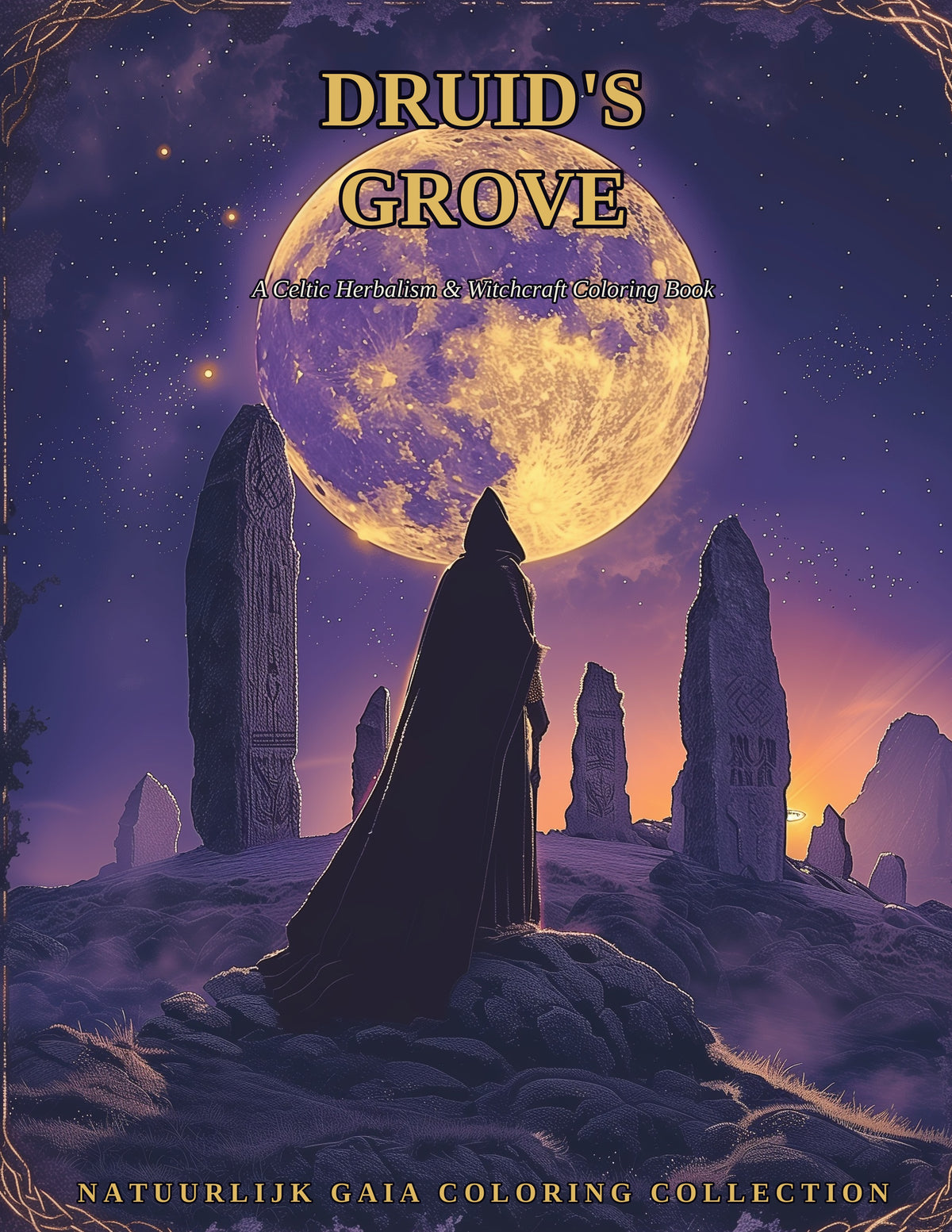 Cover van Druid's Grove: A Celtic Herbalism & Witchcraft Coloring Book - hooded druid bij een maanverlichte steencirkel