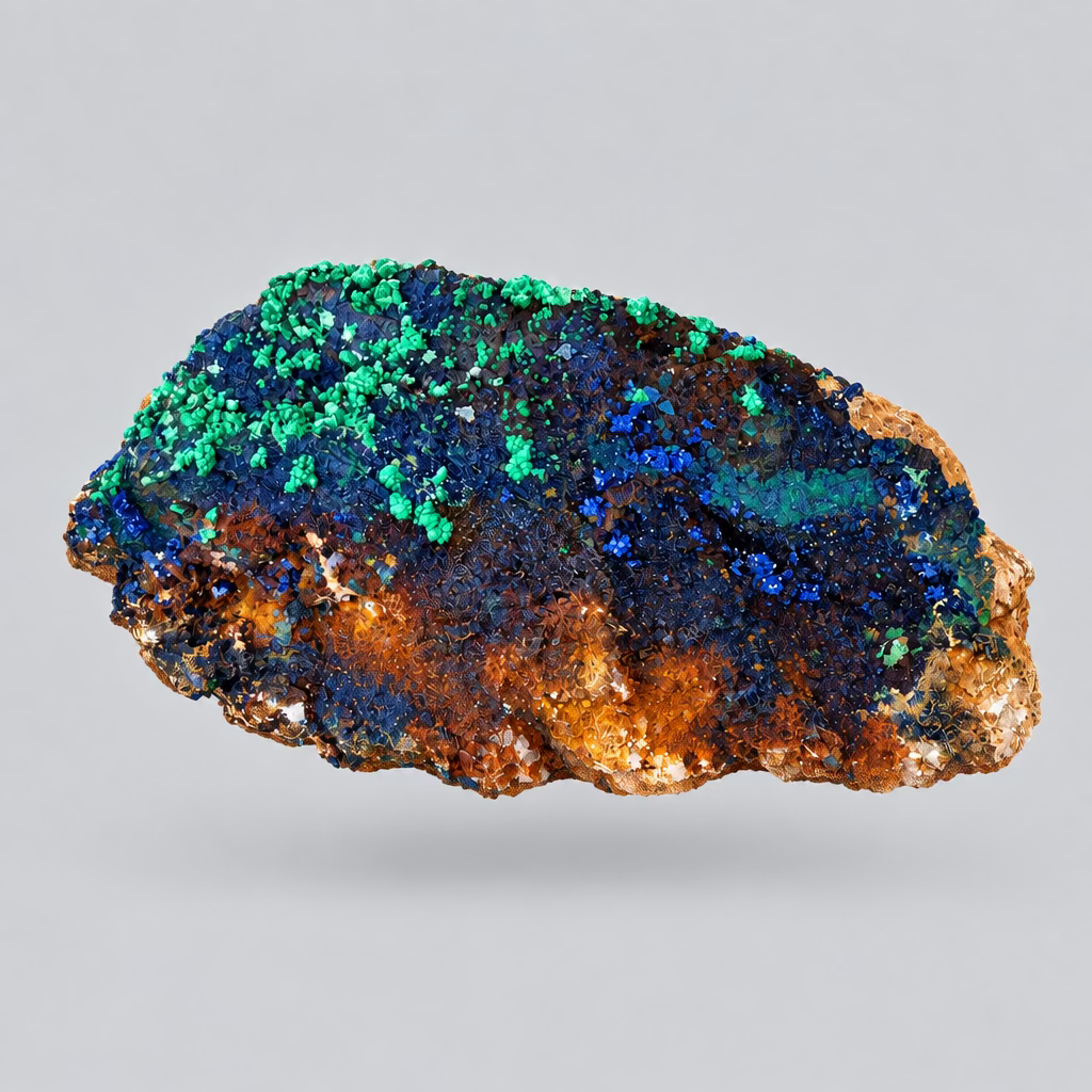 Azuriet met malachiet van 130 gram met groene kristalclusters, blauwe accenten en witte kristallen op een roestbruine matrix.” 