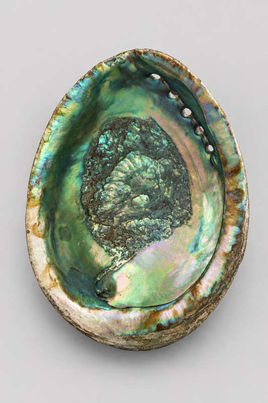 Grote abalone schelp met groene parelmoertinten, zachte roze zones en donker reliëf in het midden. ⠋
