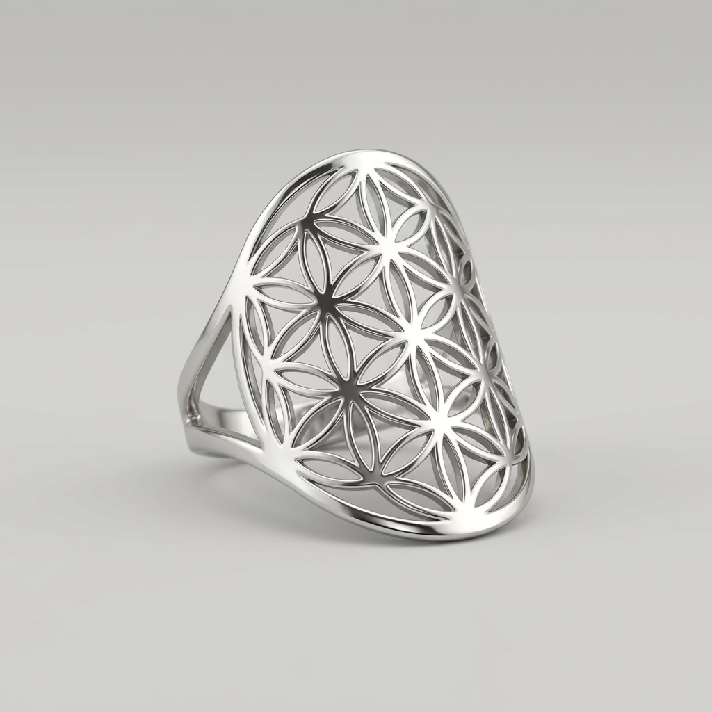 Zilverkleurige RVS ring met opengewerkt Flower of Life patroon, van voren gezien